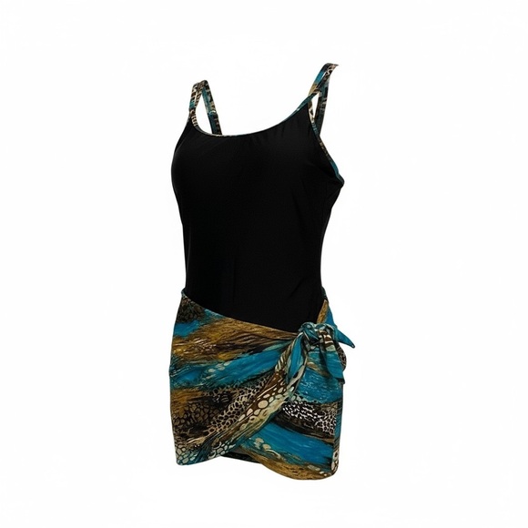 Christina Black and Blue one piece bathing suit with built in wrap sz 10 - Picture 7 of 7